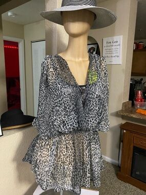 Ya Los Angeles Gray and Black Leopard Print Sheer Tunic